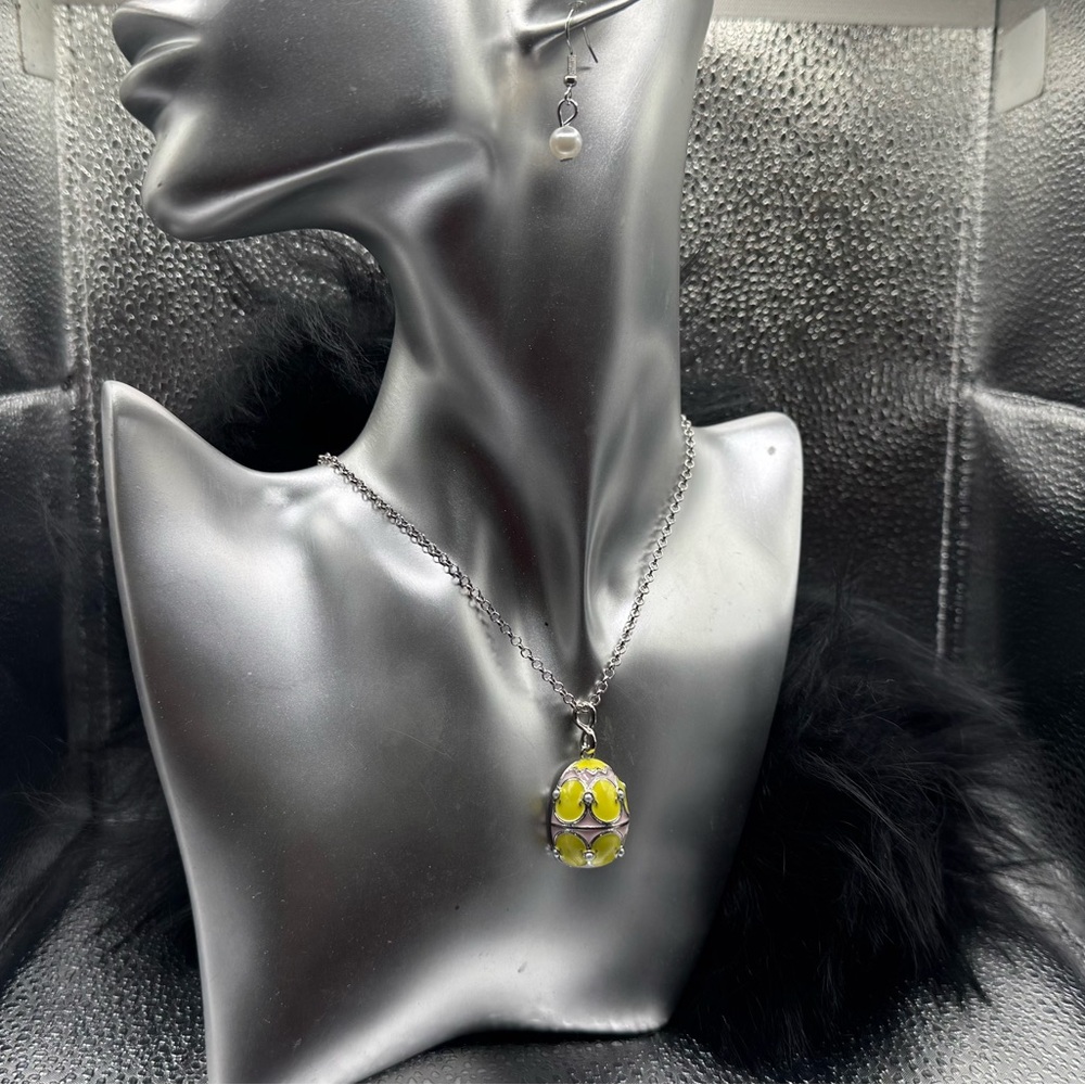 Yellow Enamel Egg Pendant Necklace - Silver Chain
